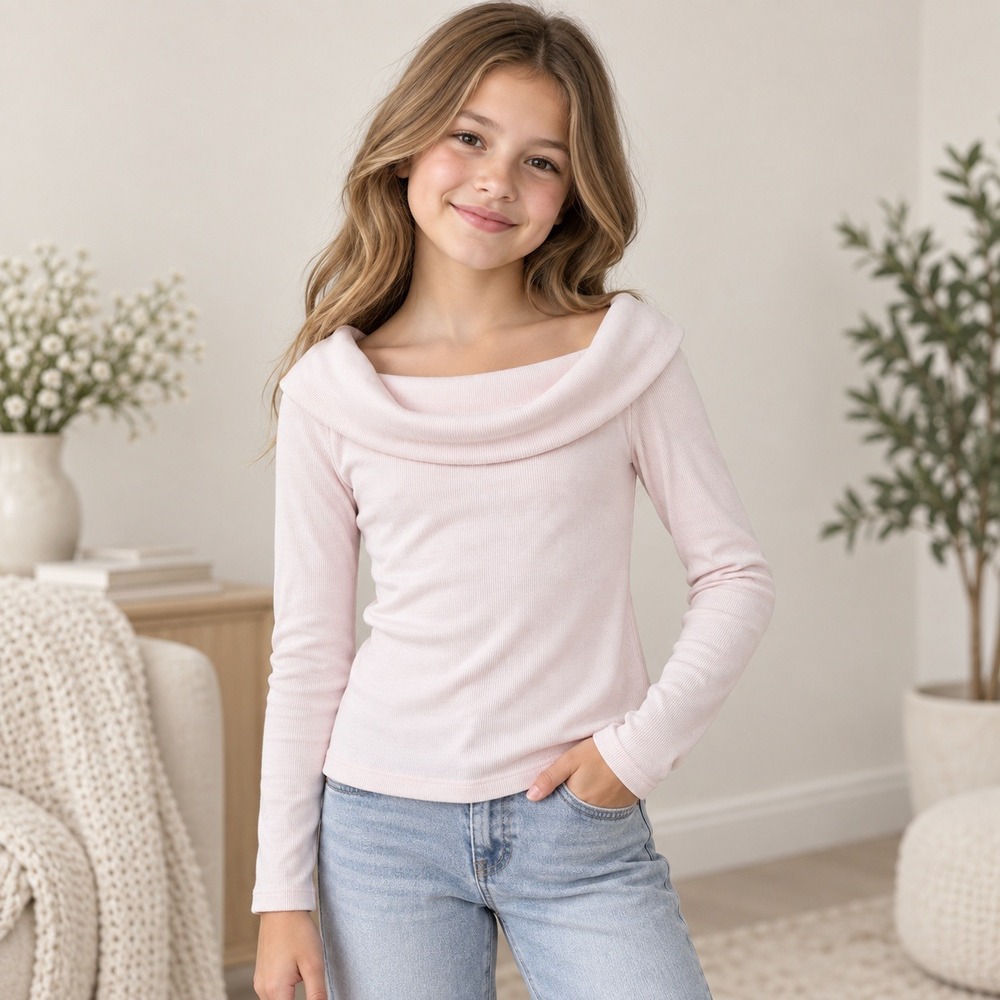 Art Class Top Girls Size L 10/12 Pink Cowl Neck Ribbed Long Sleeve Shirt